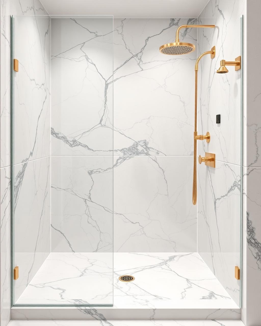 Marble shower with gold fixtures